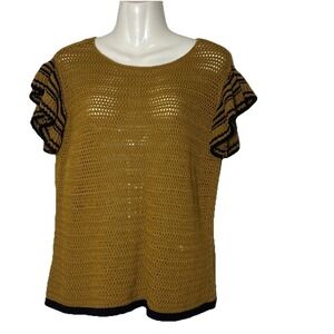 Loft Ann Taylor Mustard-Color  knit top Ruffled stiped Sleeves Boho Size Small